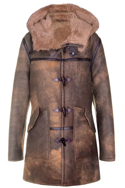 Pre-owned Infinity Leather Men's Antique Brown Sheepskin Leather Duffle Coat Winter Real Shearling