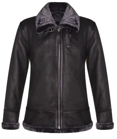 Infinity Leather Men's B3 Sheepskin Shearling Aviator Pilot Flying Jacket In Black