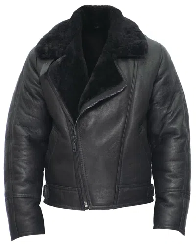 Pre-owned Infinity Leather Men's Black Crosszip B3 Jacket Sheepskin Leather Flying Aviator Bomber Shearling