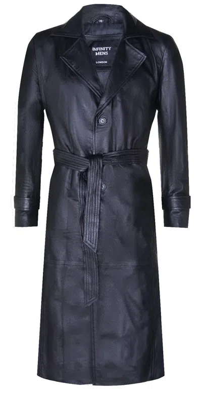 Pre-owned Infinity Leather Men's Black Leather Full Length Trench Coat Long Classic Winter Duster Overcoat