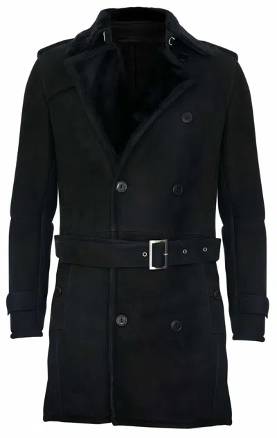 Pre-owned Infinity Leather Men's Black Military Double Breasted Real Sheepskin Suede Leather Pea Coat