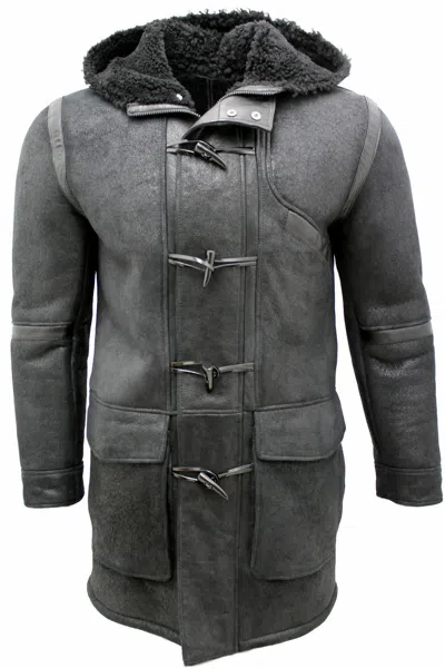 Pre-owned Infinity Leather Men's Black Winter Sheepskin Leather Hooded Duffle Coat