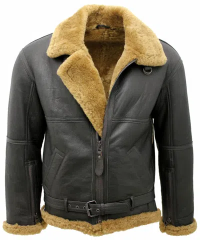 Pre-owned Infinity Leather Men's Brown Raf Real Shearling Sheepskin Flying Leather Jacket With Ginger Fur