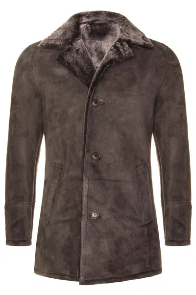 Pre-owned Infinity Leather Men's Brown Sheepskin Car Coat Real Shearling Classic Suede Leather Pea Coat