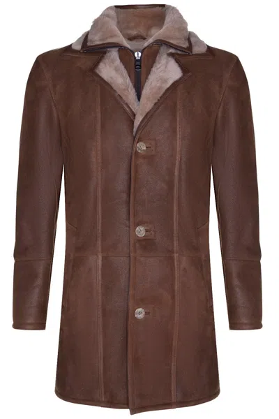Pre-owned Infinity Leather Men's Brown Sheepskin Coat Nappa Leather Shearling Trench Pilot Classic Jacket