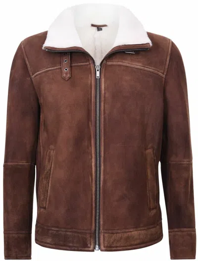 Pre-owned Infinity Leather Men's Brown/cream Shearling Sheepskin Harington Bomber Leather Flying Jacket In Ivory