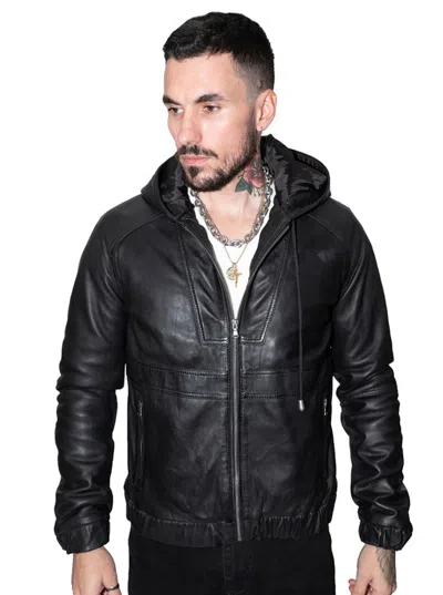 Infinity Leather Men's Casual Leather Hooded Bomber Jacket-odesa In Black