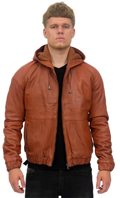 Infinity Leather Men's Casual Leather Hooded Bomber Jacket-odesa In Brown
