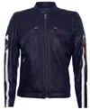Infinity Leather Men's Classic Striped Racing Leather Jacket- Barcelona In Blue