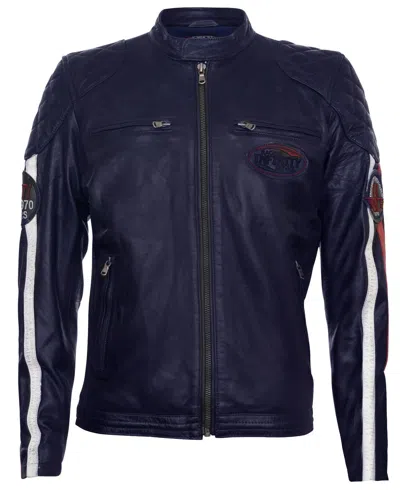 Infinity Leather Men's Classic Striped Racing Leather Jacket- Barcelona In Blue