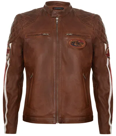 Infinity Leather Men's Classic Striped Racing Leather Jacket- Barcelona In Brown