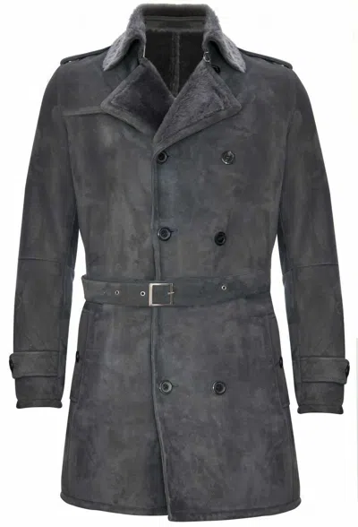 Pre-owned Infinity Leather Men's Grey German Military Double Breasted Real Sheepskin Suede Leather Pea Coat In Gray