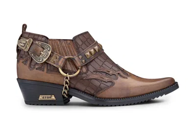 Infinity Leather Men's Tan Croc Leather Winklepicker Studded Western Biker Shoes In Brown