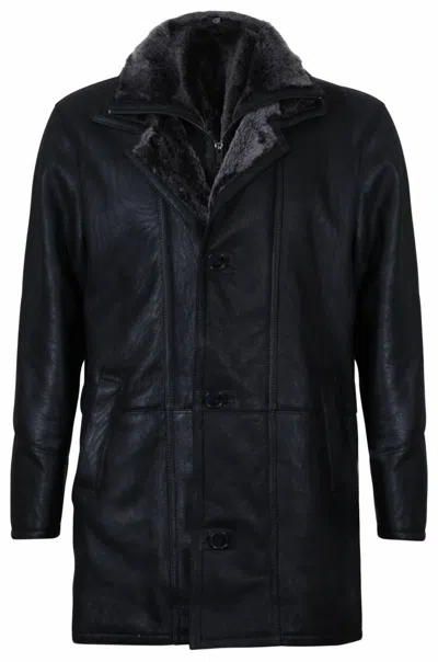 Pre-owned Infinity Leather Men's Warm Black Nappa Leather Shearling Sheepskin Coat