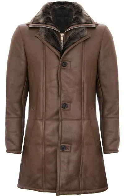 Pre-owned Infinity Leather Men's Warm Brown Nappa Leather Shearling Sheepskin Trench Pilot Jacket Coat