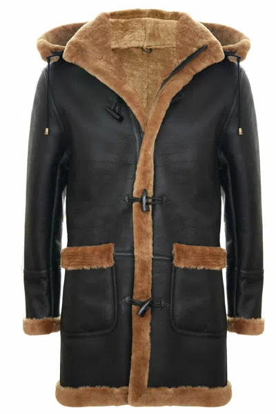 Pre-owned Infinity Leather Men's Winter Sheepskin Leather Ginger Hooded Duffle Coat In Black