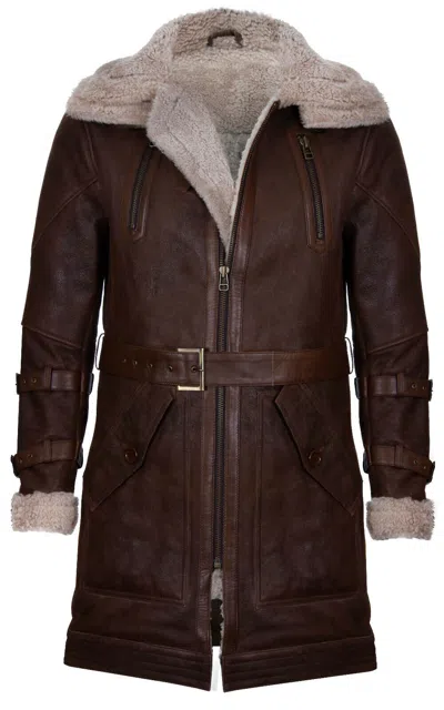 Infinity Leather Mens 3/4 Warm Leather Sheepskin Trench Coat-medina In Brown