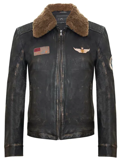 Infinity Leather Mens Badged Vintage Black Leather Bomber Jacket-tunis