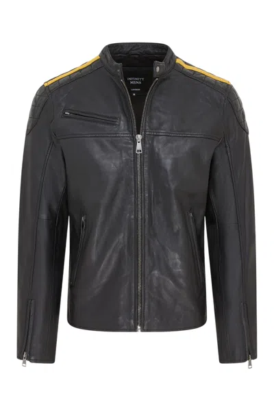 Infinity Leather Mens Black Classic Quilted Yellow Leather Biker Jacket - Meridian