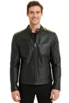 Infinity Leather Mens Black Classic Quilted Yellow Strip Leather Biker Jacket - Velocity In Black