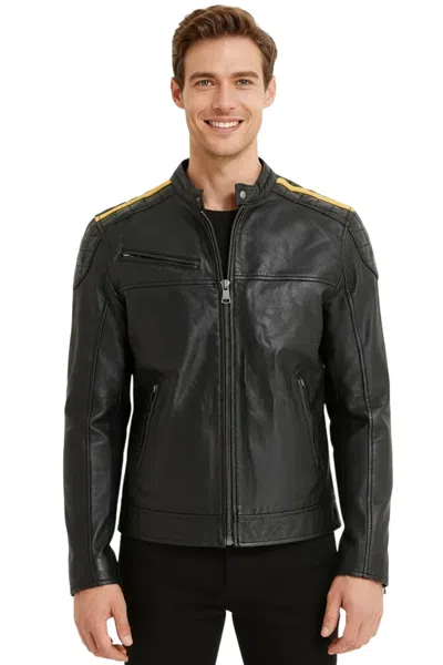 Infinity Leather Mens Black Classic Quilted Yellow Strip Leather Biker Jacket - Velocity