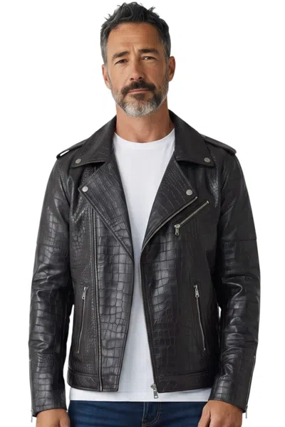 Infinity Leather Mens Black Cow Leather Alligator Print Embossed Biker Jacket - Cologne