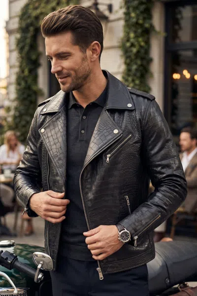 Infinity Leather Mens Black Cow Leather Alligator Print Embossed Biker Jacket - Forge