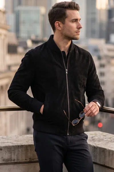 Infinity Leather Mens Black Goat Suede Ma-1 Bomber Jacket-north In Red