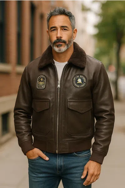 Infinity Leather Mens Black Leather Bomber Sheepskin Collar G-1 Aviator Jacket - Ararat In Brown