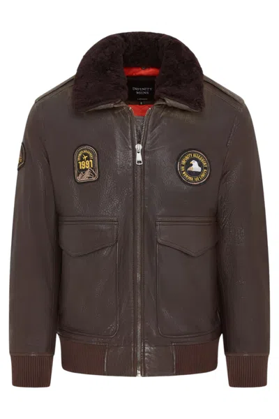 Infinity Leather Mens Black Leather Bomber Sheepskin Collar G-1 Aviator Jacket - Linear In Brown