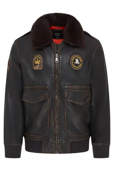 Infinity Leather Mens Black Leather Bomber Sheepskin Collar G-1 Aviator Jacket - Linear In Brown