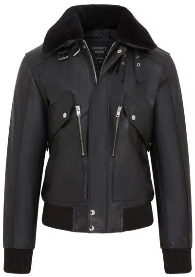 Infinity Leather Mens Black Leather Cowhide Aviator Bomber Jacket - Akhiok