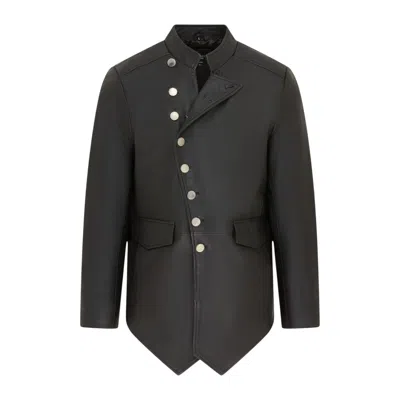 Infinity Leather Mens Black Leather Mandarin Military Assymetrical Jacket - Lucifer