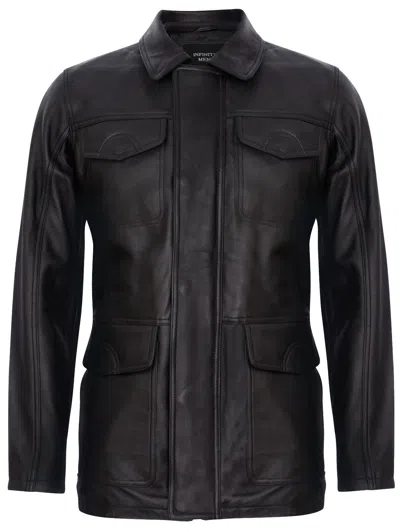 Infinity Leather Mens Black Leather Safari Jacket-porto