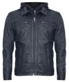 Infinity Leather Mens Black Nappa Leather Hooded Bomber Jacket In Black