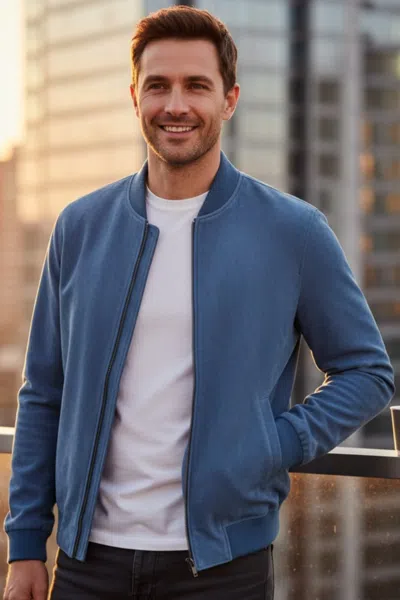 Infinity Leather Mens Blue Goat Suede Ma-1 Bomber Jacket-north