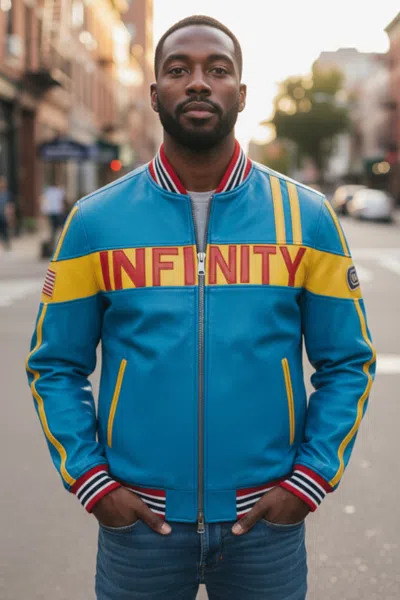 Infinity Leather Mens Blue Leather Track Racing Bomber Biker Jacket - Player