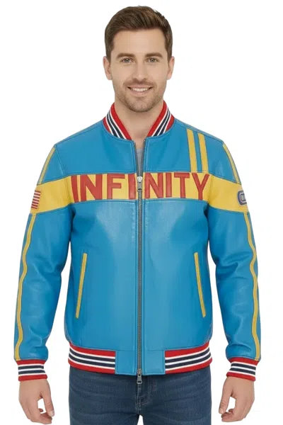 Infinity Leather Mens Blue Leather Track Racing Moto Bomber Biker Jacket - Racer