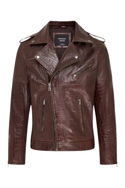 Infinity Leather Mens Brown Cow Leather Alligator Print Embossed Biker Jacket - Rot