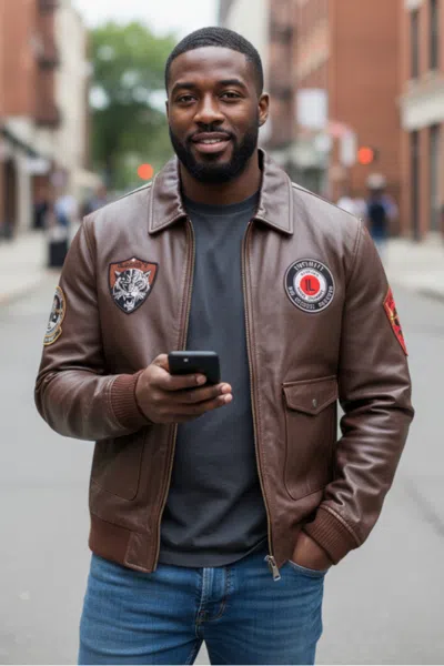 Infinity Leather Mens Brown Flying Leather Bomber Aviator Collar Jacket - Vanguard