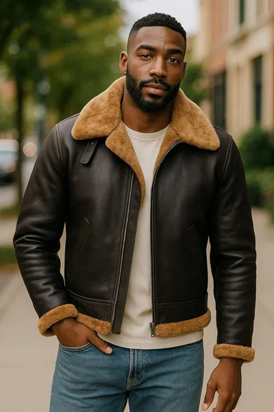 Infinity Leather Mens Brown Ginger Ginger B3 Aviator Real Sheepskin Leather Flying Jacket-hobart