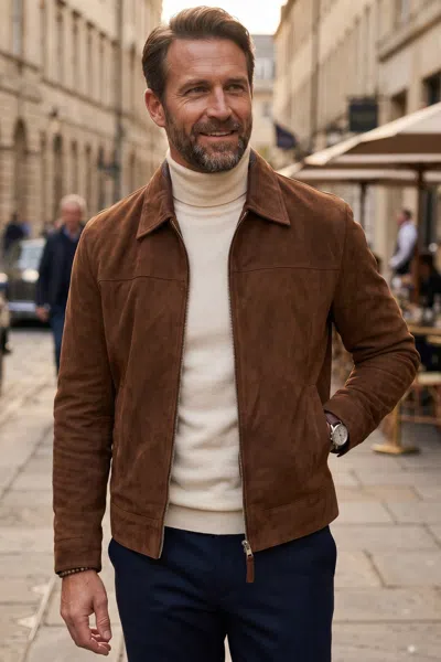 Infinity Leather Mens Brown Goat Suede Leather Harrington Biker Jacket - Ridge