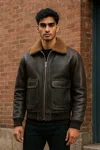 Infinity Leather Mens Brown Leather Bomber Sheepskin Collar G-1 Pilot Jacket - Harbor In Black
