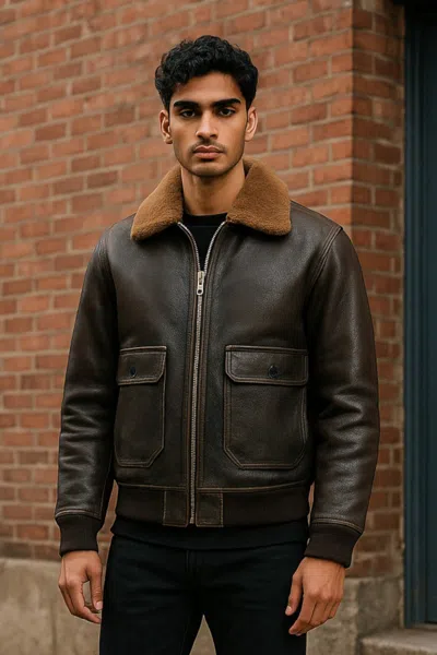 Infinity Leather Mens Brown Leather Bomber Sheepskin Collar G-1 Pilot Jacket - Harbor In Black