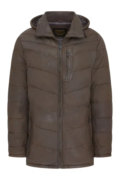 Infinity Leather Mens Brown Leather Quilted Jacket Hooded Puffer Winter Coat - Olyic