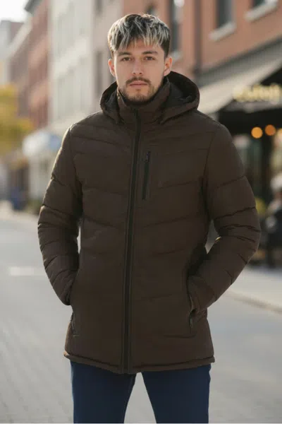 Infinity Leather Mens Brown Leather Quilted Jacket Trekking Hooded Puffer Winter Coat - Summit