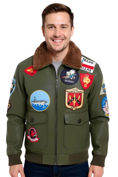 Infinity Leather Mens Brown Topgun A2 Leather Bomber Jacket-perth In Green