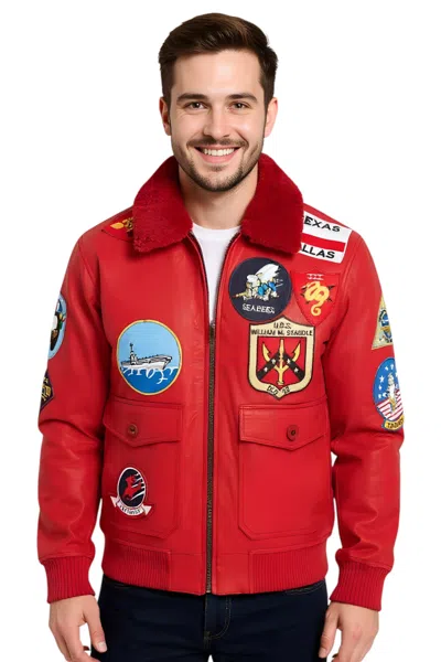 Infinity Leather Mens Brown Topgun A2 Leather Bomber Jacket-perth In Red