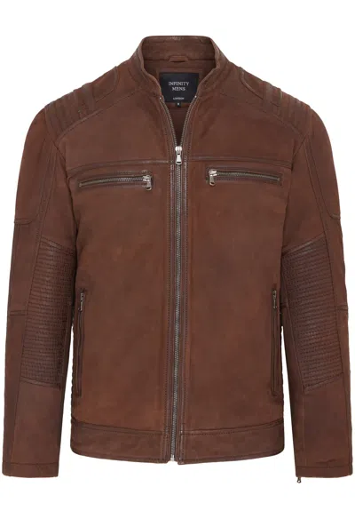 Infinity Leather Mens Buff Leather Cafe Racer Biker Jacket - Jinan In Brown