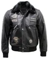 Infinity Leather Mens Cow Hide Detachable Collar Leather Flight Bomber Jacket In Black